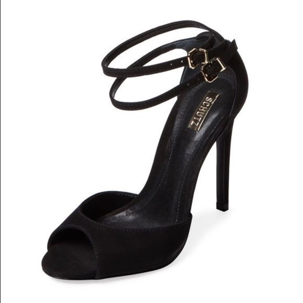 SCHUTZ black suede double ankle wrap heels